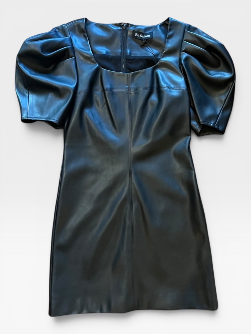NWT En Saison Black Vegan Leather Puff Sleeve Mini Dress Size Small Chic Goth - Picture 2 of 10